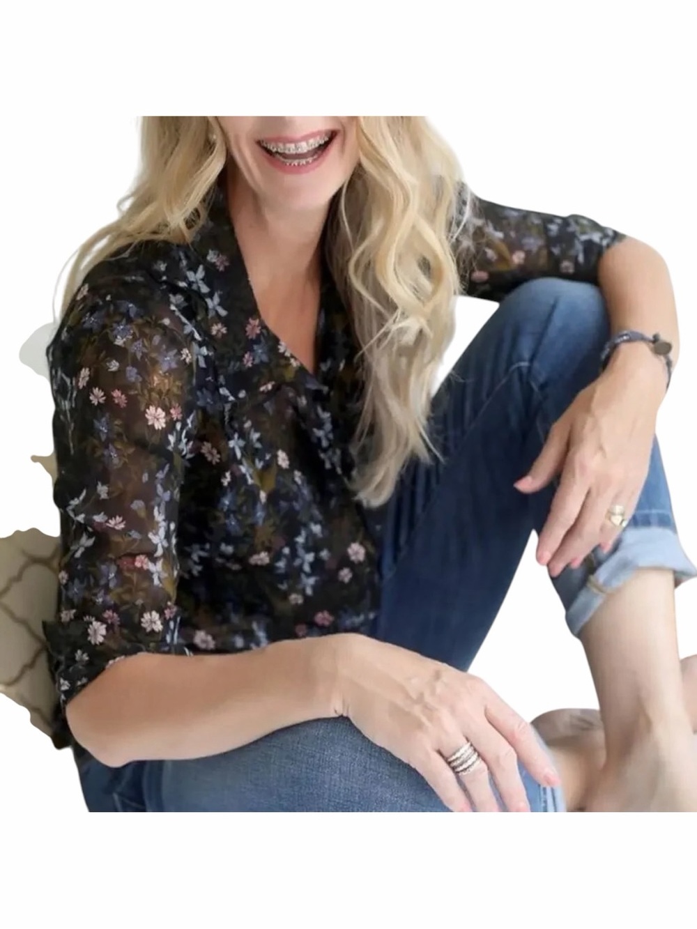 CAbi Floret Blouse #3593 Black Sheer Hillside Top XL